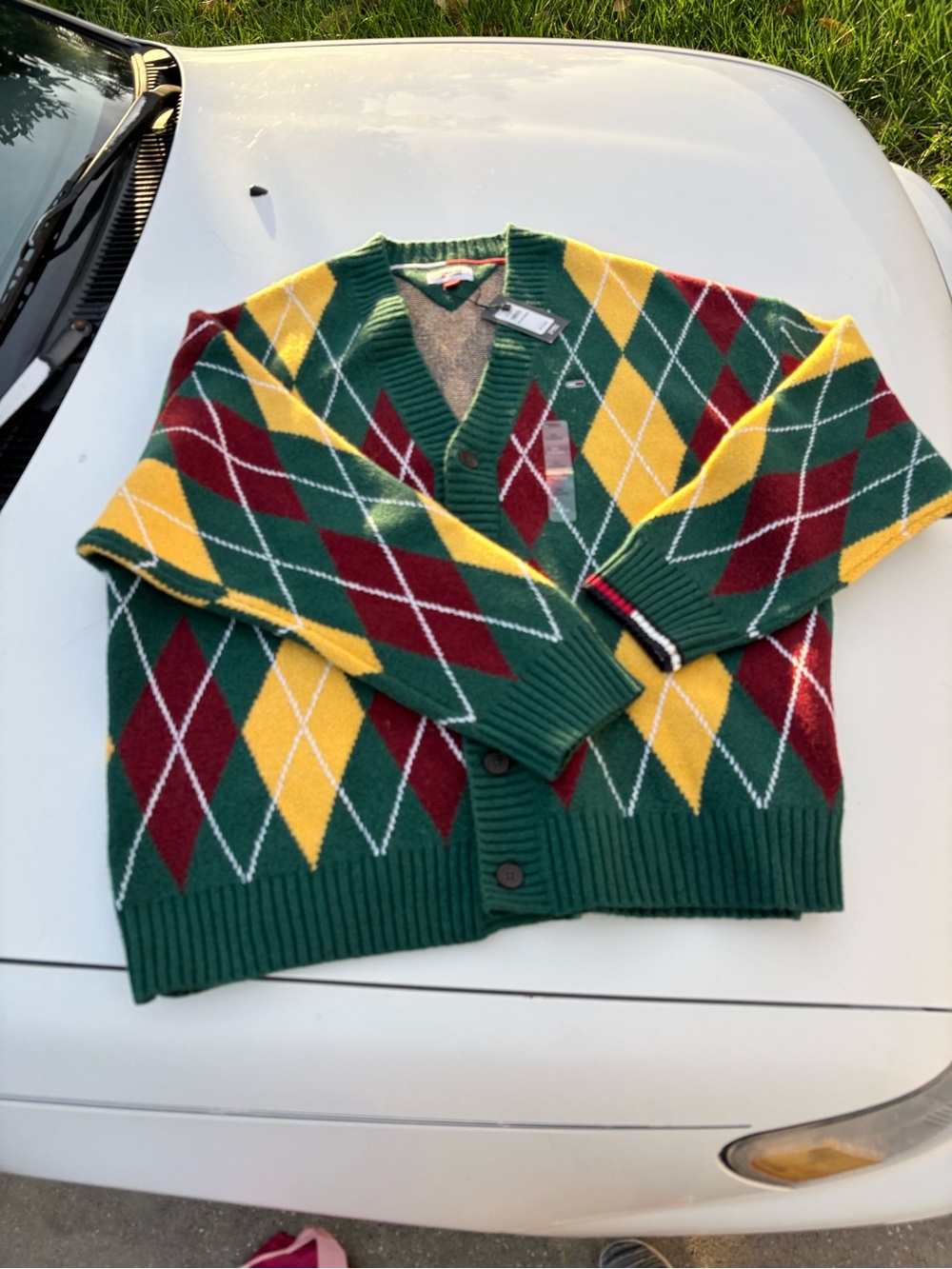 Tommy Hilfiger Green Argyle V-Neck Cardigan with Yellow & Burgundy Diamonds